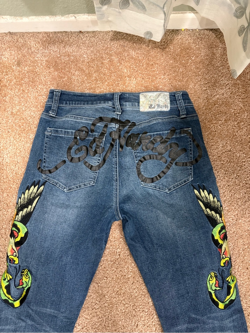 Ed Hardy Dark Blue Jeans with Neon Snake & Wing Embroidery